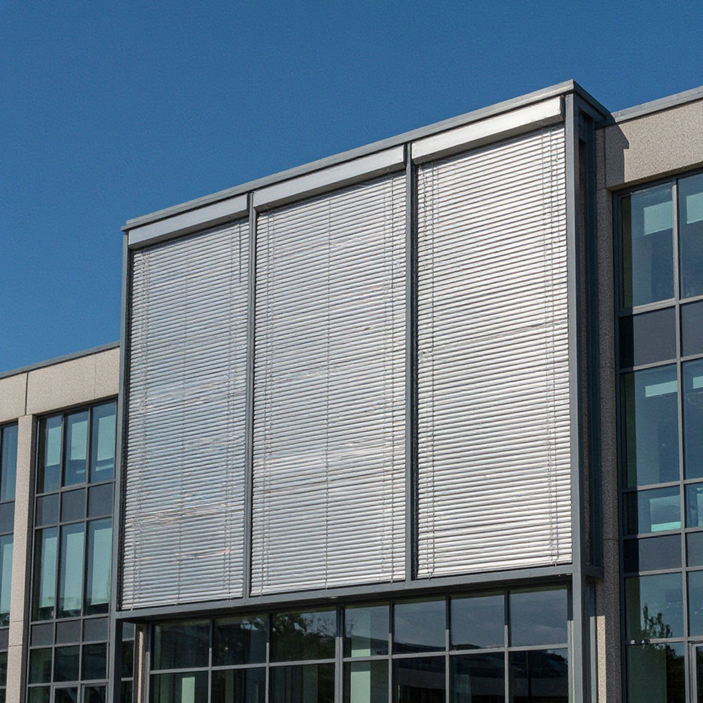 Coated aluminum sunshade fins on a university building