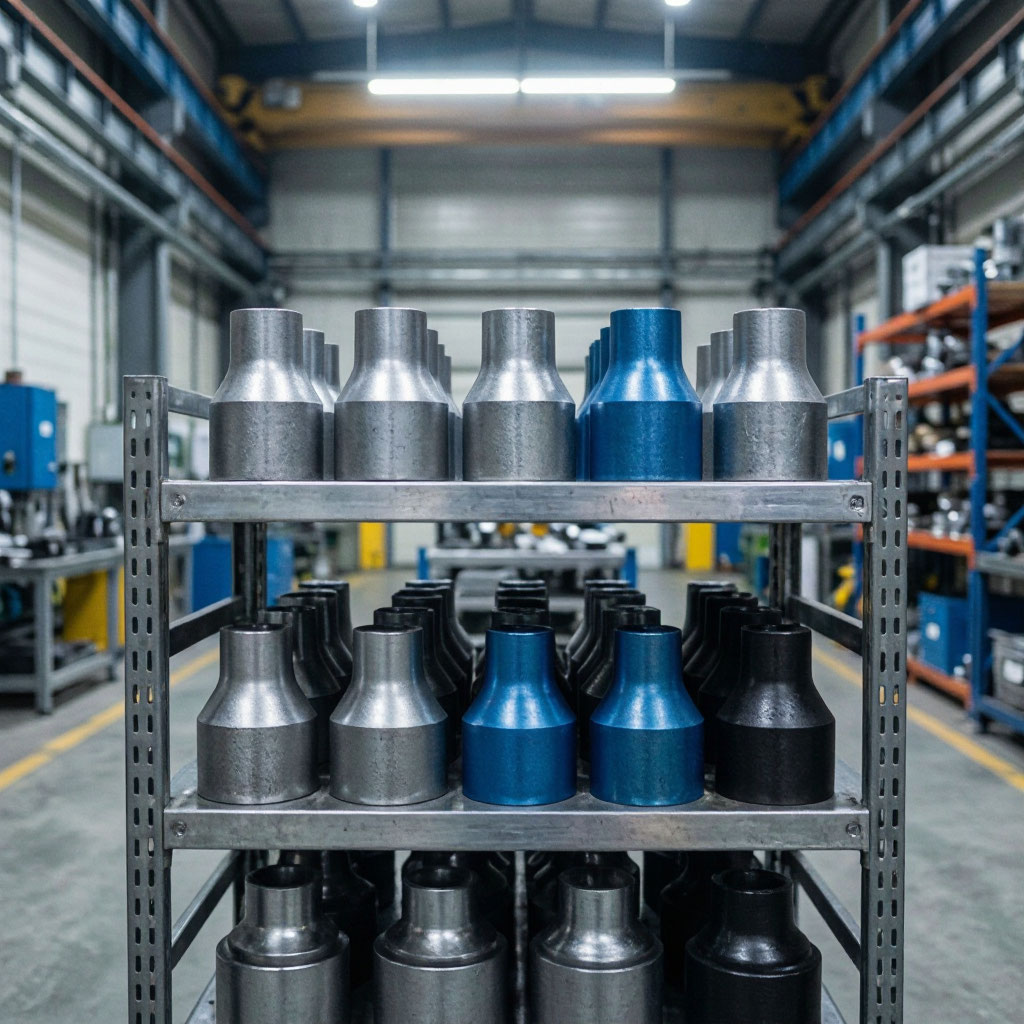 Powder coated metal components on a production rack inside the Northline facility