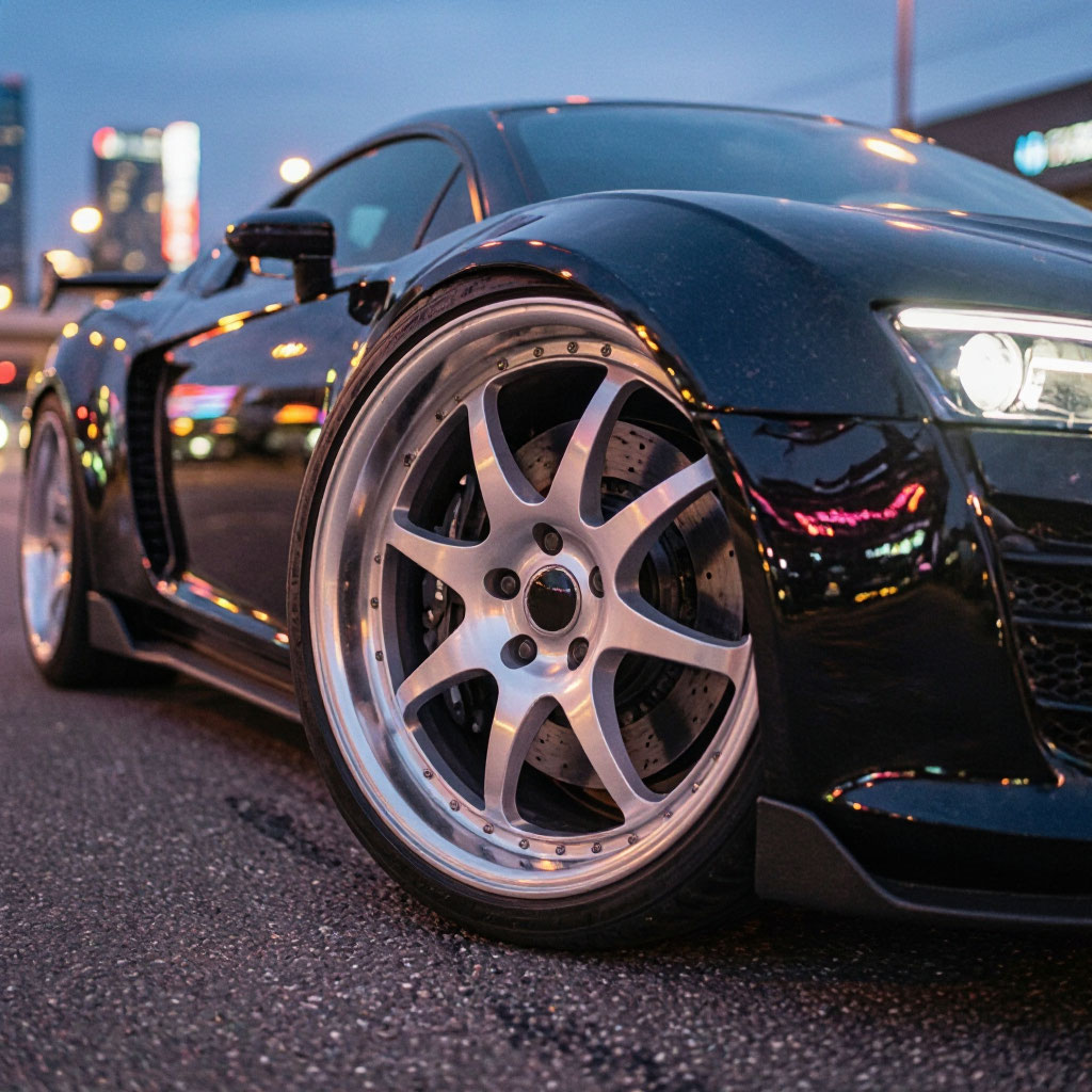Powder coated alloy wheel on a performance vehicle